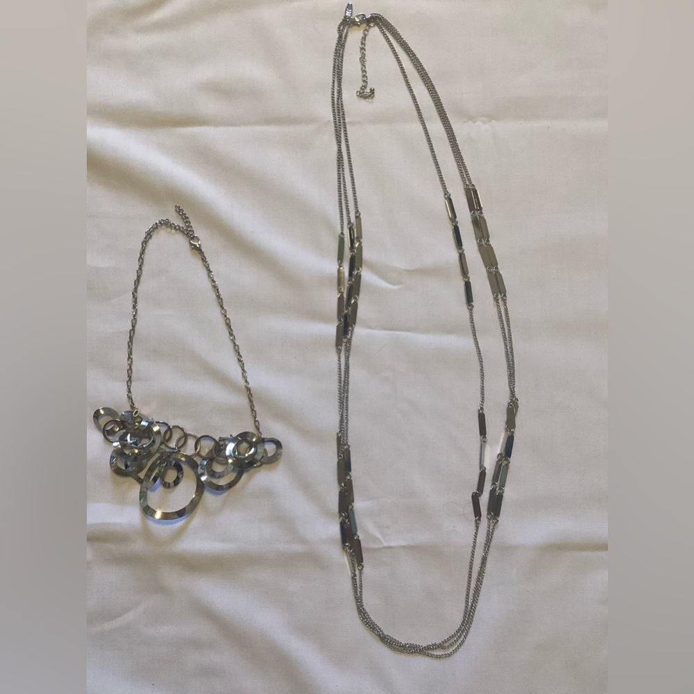 Lot Of 2 Silver Tone Fashion Necklaces
